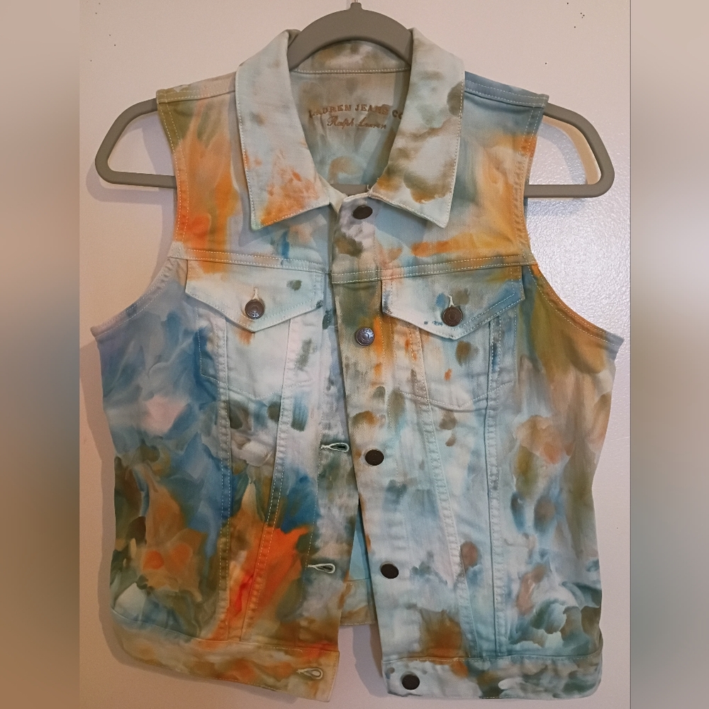Lauren Ralph Lauren Women's Multicolor Tie-Dye Sleeveless Jean‎ Jacket Sz M
